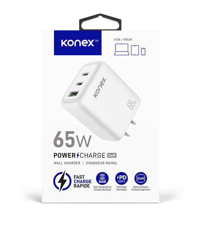 konex-65w-wall-charger-2-box Chargeur mural 65W GaN USB-A + USB-C (PD) PowerCharge II – Image 1