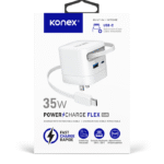 Chargeur mural 35W GaN USB-A + USB-C (PD) PowerCharge FLEX avec câble rétractable