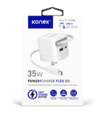 Chargeur mural 35W GaN USB-A + USB-C (PD) PowerCharge FLEX avec câble rétractable